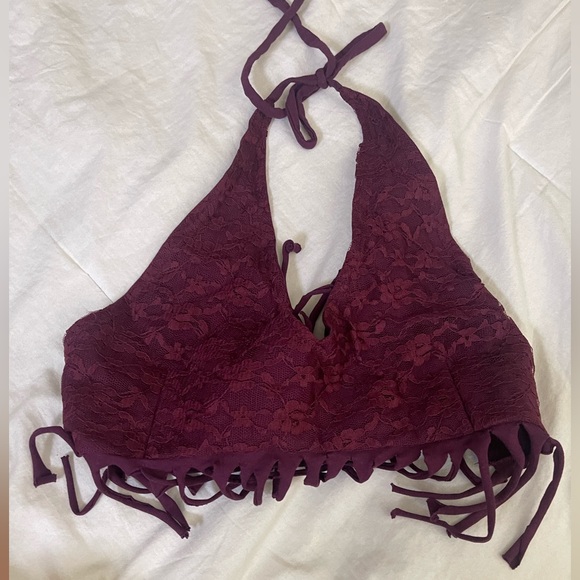 Burgundy Fringe Halter Crop Top - Picture 3 of 3